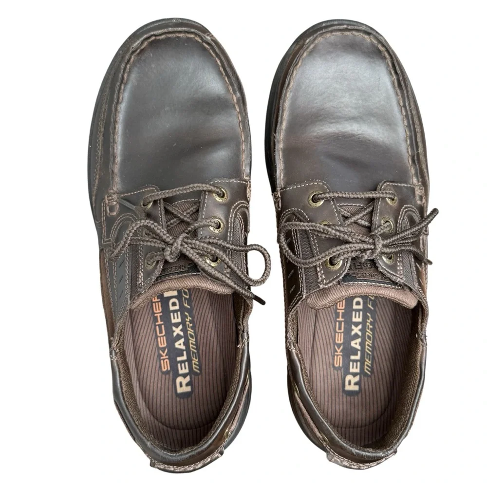 Skechers Men's Dark Brown Leather Relaxed Fit Lace Up Boat Shoes Size 8.5